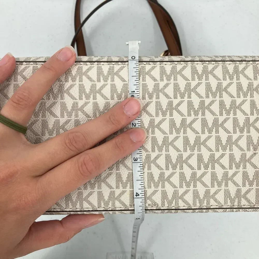 Michael Kors Cream Brown Vanilla Gold Monogram Charlotte Large TZ Tote Bag Purse